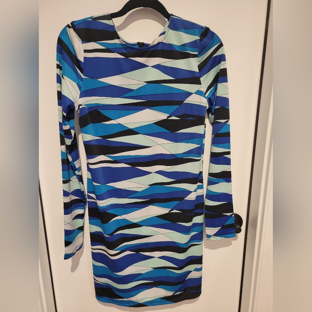 Geometric Blue and Black Long Sleeve Dress